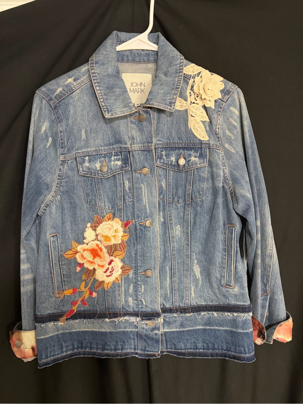 John Mark Blue Denim Jacket with Floral Embroidery and Lace